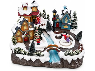 Village de noël miniature enneigé avec pont et rivière 21x17,5x20,5cm