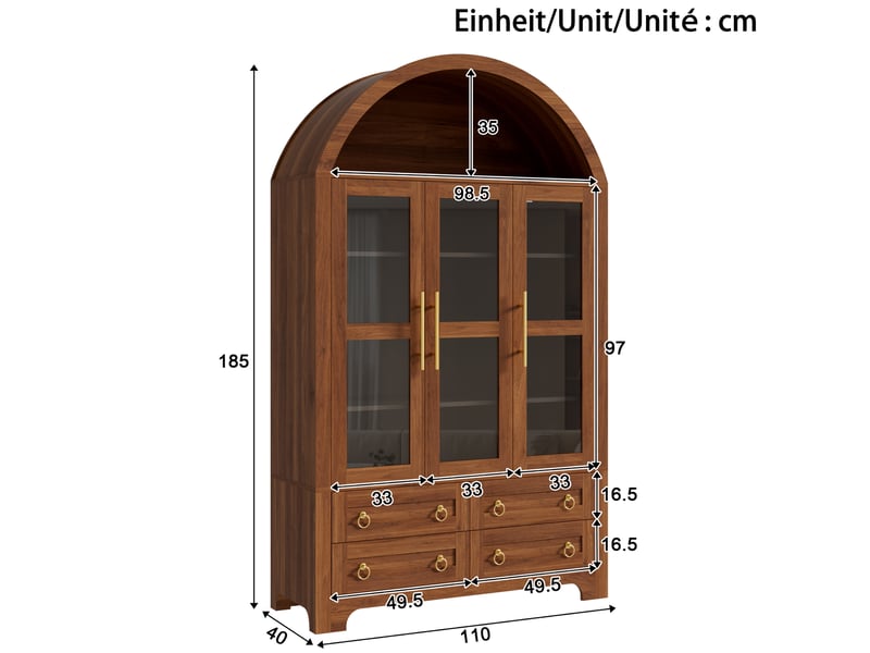  Vitrine haut 110x40x185 cm coloris noyer avec 3 portes vitrées et 4 tiroirs  - Conforama C