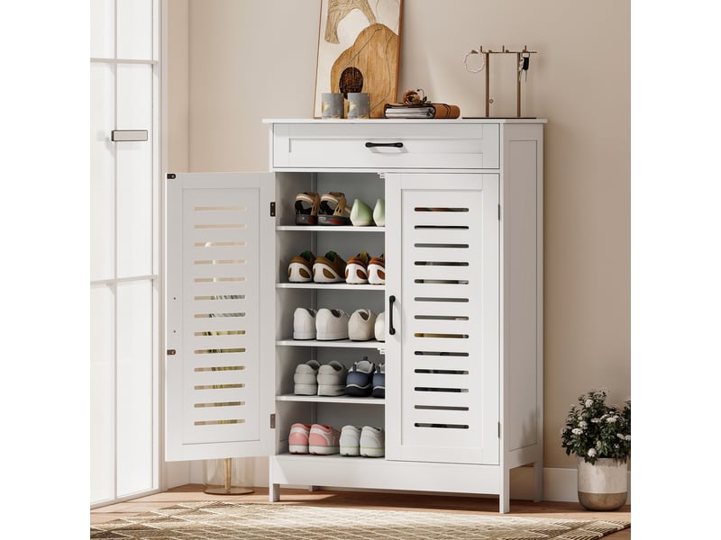  Meuble à chaussures 20 paires, armoire à chaussures avec 2 portes persiennes, tiroir et étagères réglables, blanc  - Conforama B