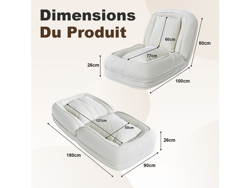  Fauteuil convertible ergonomique 5 positions avec 2 coussins, pliable et compact, en tissu et métal crème  - Conforama C
