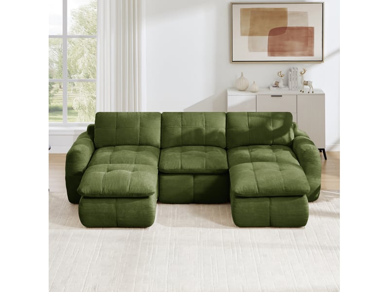  Canapé modulable en u 3 places avec 2 ottomans en chenille verte  - Conforama B