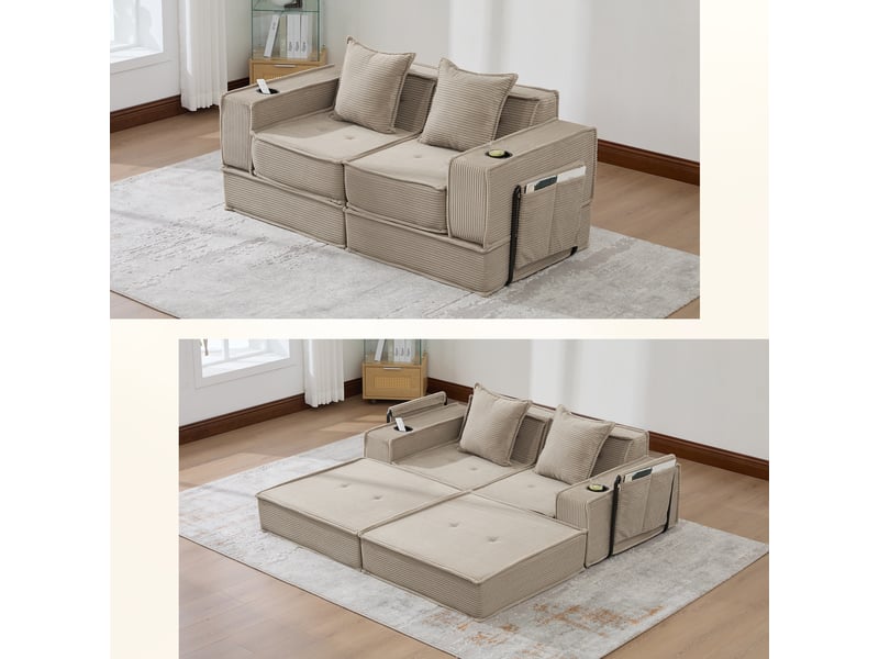  Canapé convertible, canapé-lit – en tissu, avec rangement, porte-gobelets, avec pouf, 2 places  - Conforama C