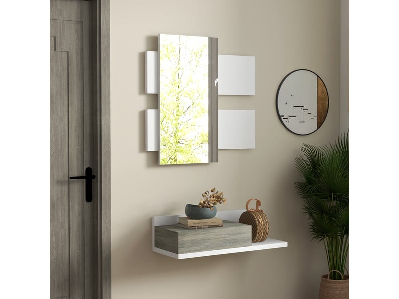  Ensemble de meubles d'entrée, console suspendue avec miroir et tiroir, 75 x 3,5 x 75 cm et 75 x 30,5 x 20 cm, blanc et gris  - Conforama D