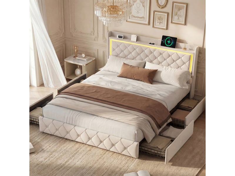  Kefsr lit double 140x200 cm avec 4 tiroirs, tête de lit rangement et led rgb, velours beige, ports usbtype-c, sommier inclus  - Conforama W
