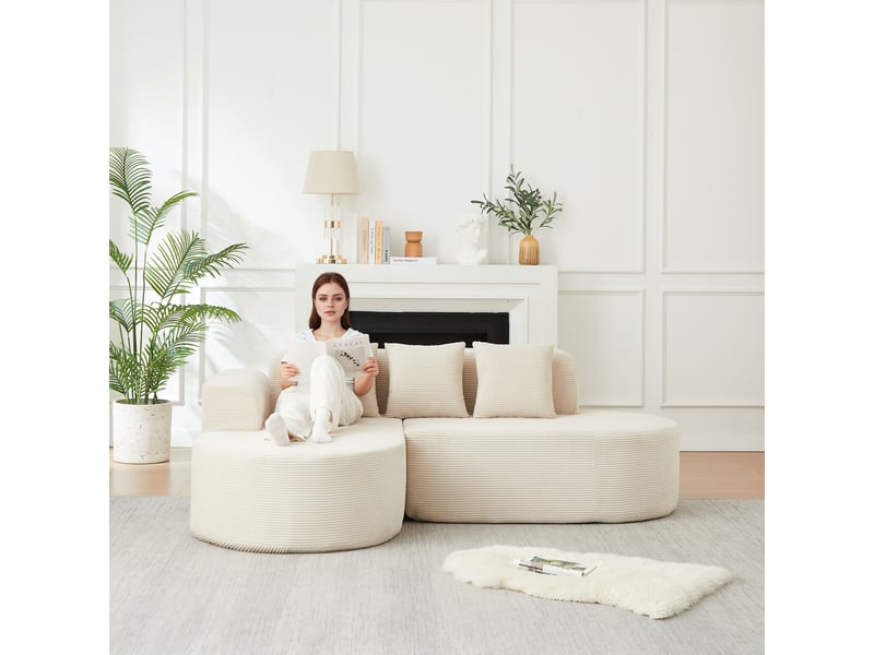  Canapé d'angle velours côtelé 4 places 220 cm beige, méridienne incurvée, sans montage  - Conforama E