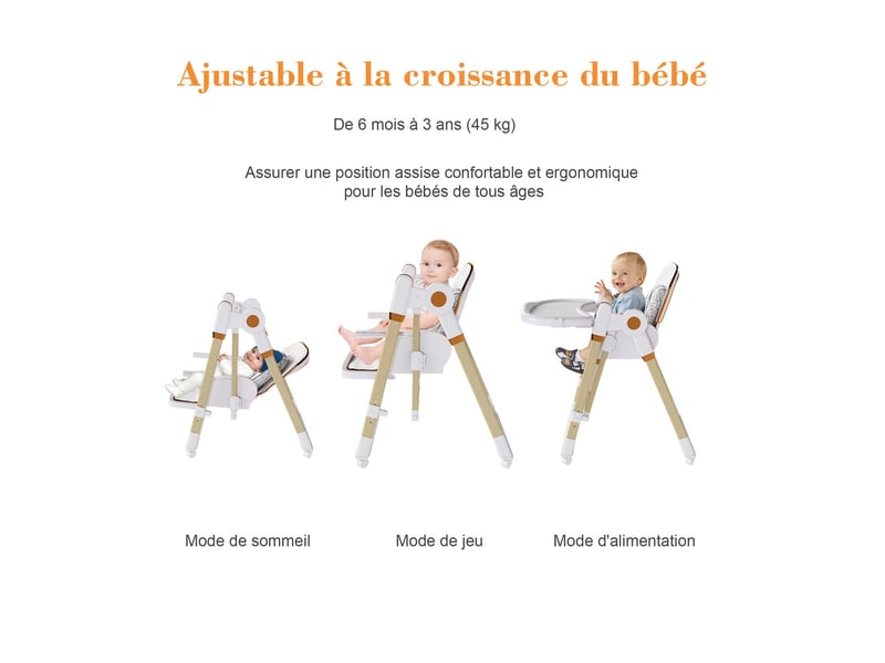  Chaise haute pour bébé, convertible en balancelle, harnais de sécurité à 5 points, blanche  - Conforama C