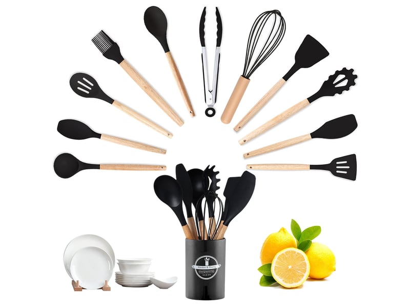  Set de 12 ustensiles de cuisine en silicone et bois noir avec support chicfurn  - Conforama A