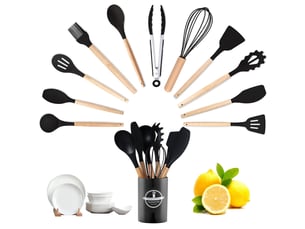 Set de 12 ustensiles de cuisine en silicone et bois noir avec support chicfurn