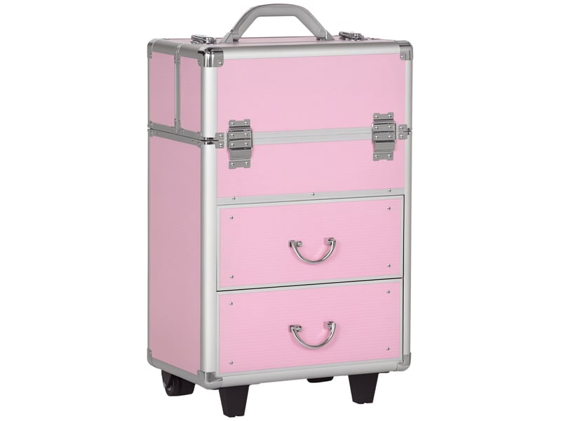  Trousse de maquillage professionnelle, avec 6 tiroirs extensibles et serrure à clé, 36 x 23 x 58 cm, rose  - Conforama A