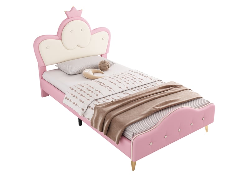  Lit enfant rembourré 90 x 200 cm rose et blanc avec tête de lit couronne et led Fay Lum - Conforama A