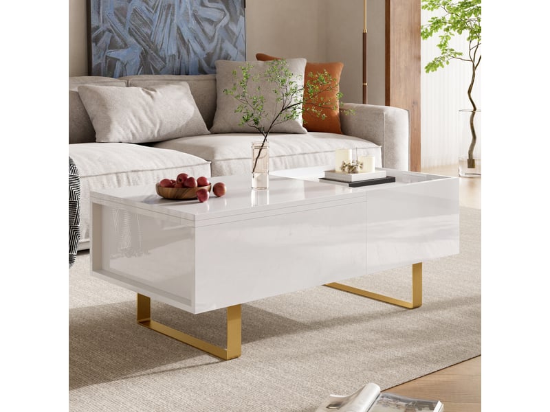  Table basse relevable mdf brillant - avec rangement, tiroir et pieds fer - moderne pour salon  - Conforama B