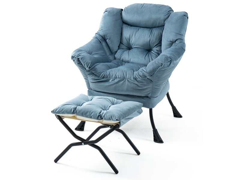  Fauteuil relax bleu clair avec repose-pieds pliable, appui-tête rembourré et poche latérale pour votre intérieur  - Conforama A