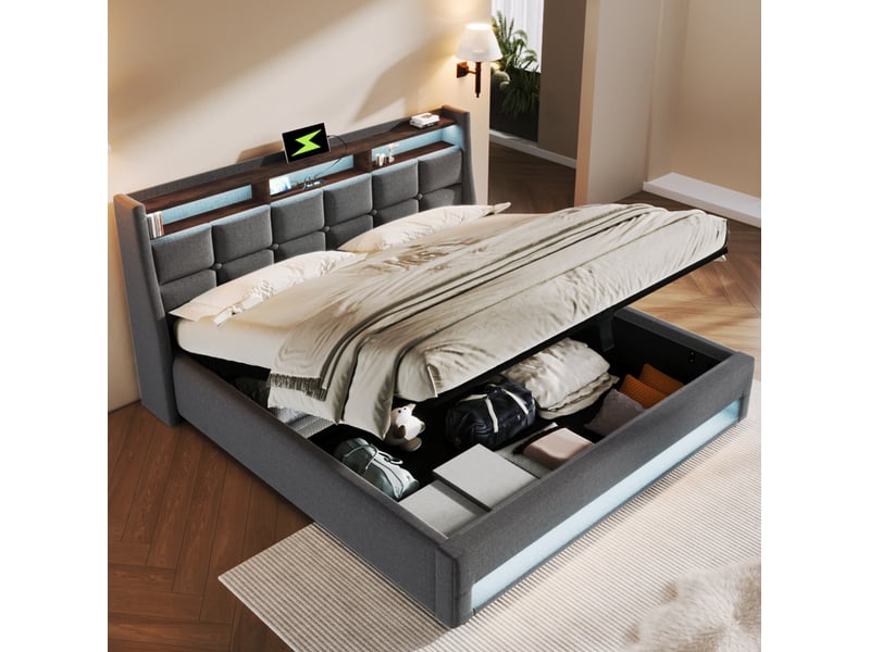 Modenvie lit coffre 180x200 cm - avec led, ports usb et rangement intégré, sans matelas - gris  - Conforama D