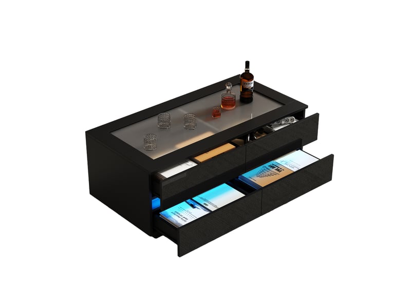  Table basse noire 100 x 50 x 40 cm, avec 4 tiroirs, éclairage led, plateau en verre trempé et finition brillante, panneaux de particules, charge maximale 35 kg  - Conforama D