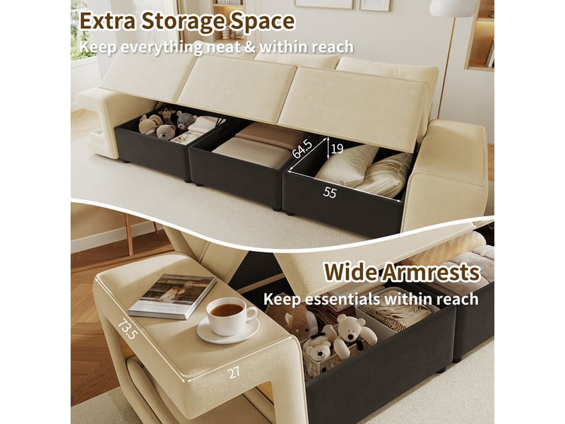 Canapé droit 3 places modulaire, velours beige avec accoudoirs larges, fonction rangement intégré & niche animaux pour salon et appartement - Conforama D