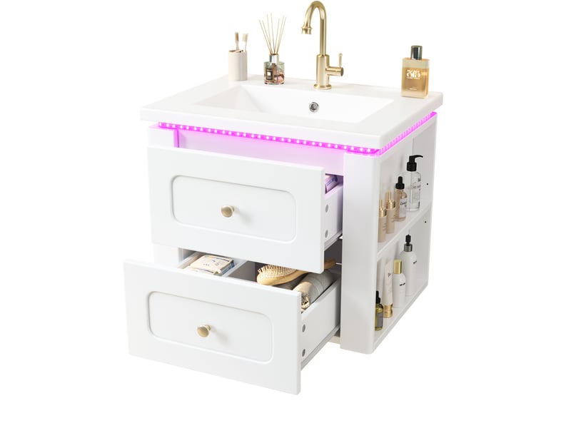 Meuble sous lavabo suspendu 61x47x50 cm blanc brillant avec led et vasque - Conforama A