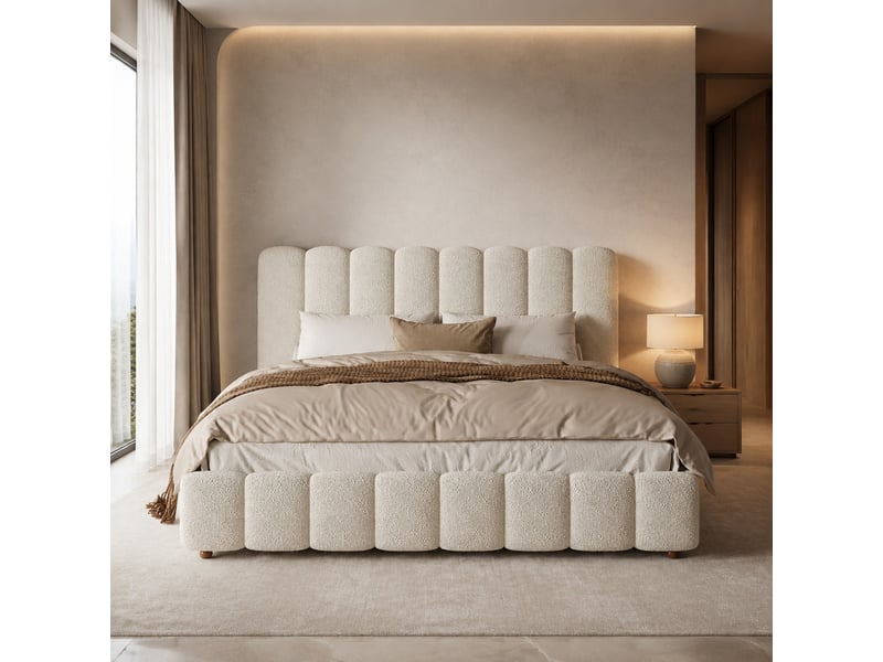  Lit coffre 160 x 200 cm en bouclé blanc avec sommier à lattes et tête de lit  - Conforama B
