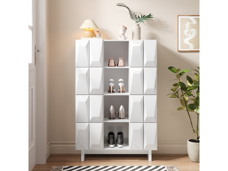  Buffet de rangement 90,5x34x135,5 cm, 4 portes, 12 compartiments, façades en relief, niches ouvertes pour entrée - blanc  - Conforama E