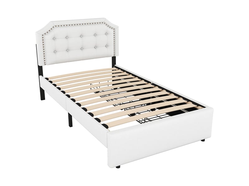  Lit rembourré beige clair 90x200 cm avec détails cloutés et 2 tiroirs de rangement  - Conforama E