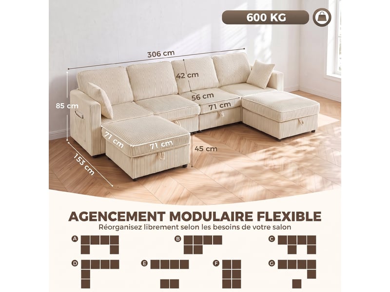  Canapé 4 places avec 2 poufs de rangement, canapé d'angle modulable en u 306 cm en velours côtelé, 4 coussins, crème  - Conforama C