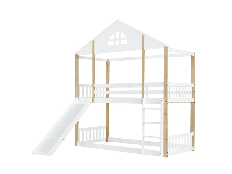  Lit superposé blanc et bois naturel, dimensions 204 x 205,5 x 175,5 cm  - Conforama D