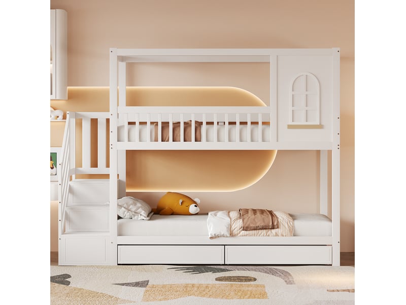  Lit à couchages superposés, 90x200 cm, maison avec fenêtres, tiroirs, échelle, matelas non inclus, bois, coloris blanc  - Conforama D