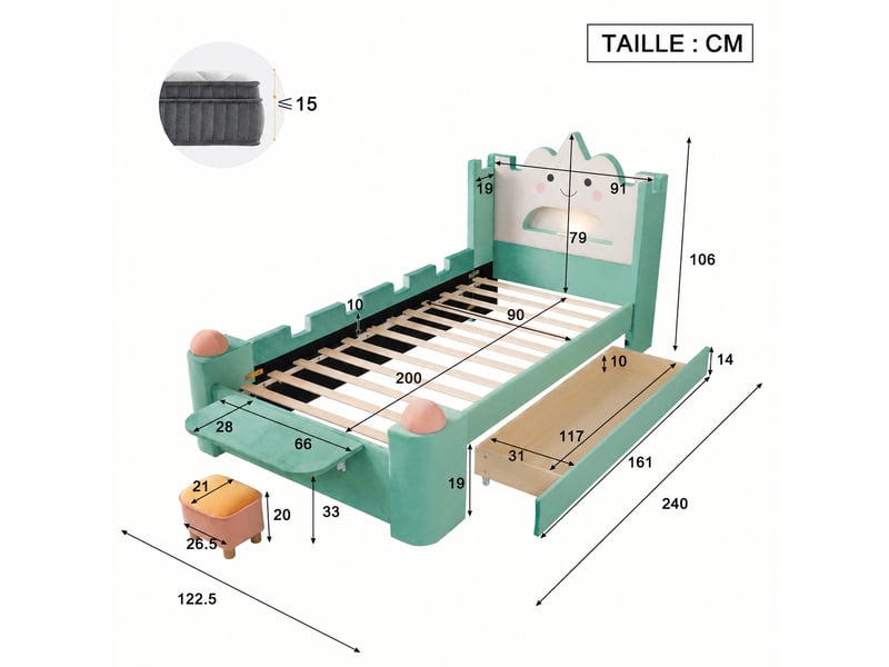  Lit enfant rembourré 90 x 200 cm avec tête de lit en forme de nuage, tiroir réversible et velours bleu-vert, sans matelas  - Conforama C