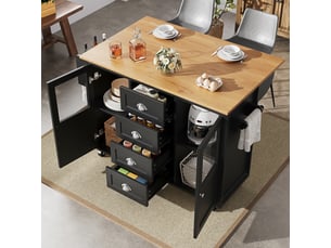 Îlot de cuisine mobile avec plateau pliable, desserte de cuisine à 4 tiroirs et 2 portes vitrées, porte-épices, 137x73cm, noir