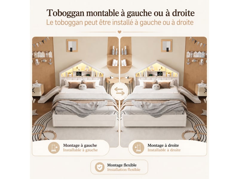  Lit enfant rembourré 140 x 200 cm avec toboggan, led, port de charge, rangement et coffre, beige  - Conforama D
