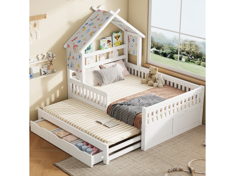 Lit cabane enfant double 140×200 cm avec lit gigogne, 3 tiroirs et barrière -- sans matelas, bois - blanc  - Conforama B