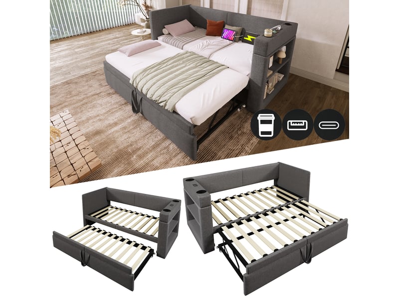  Canapé-lit 90x200 cm, lit enfant, couchage d'appoint, couchage gigogne extensible, usb et usb-c, lin gris  - Conforama A