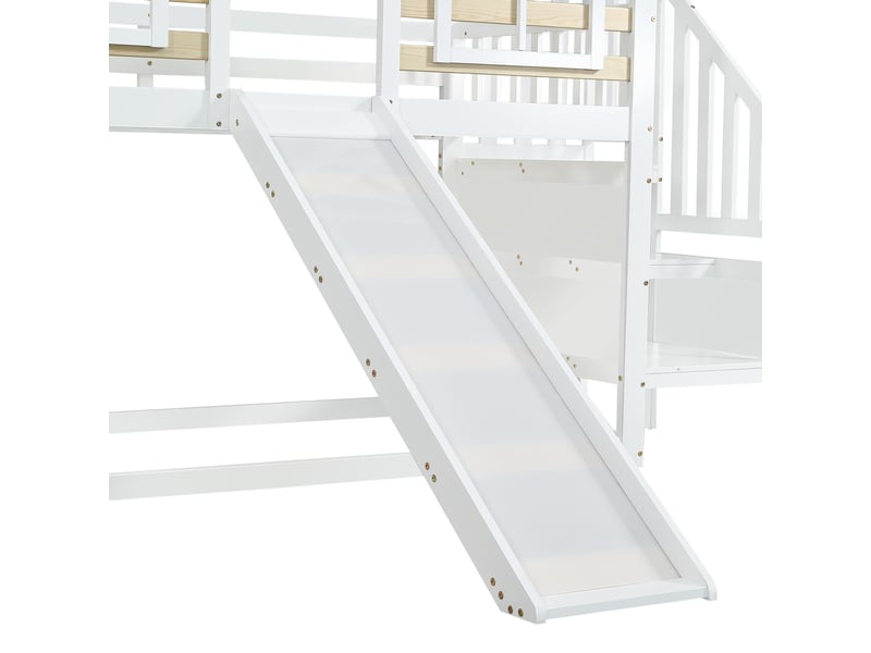  Lit superposé en bois massif, 90 x 200 cm, avec escalier et barrière de sécurité, toboggan et fenêtre, blanc  - Conforama E