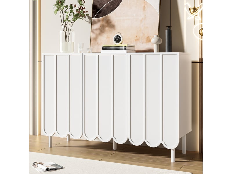  Buffet bas blanc avec portes ondulées, 120 x 35 x 80 cm, étagères réglables et ouverture sans poignée  - Conforama D