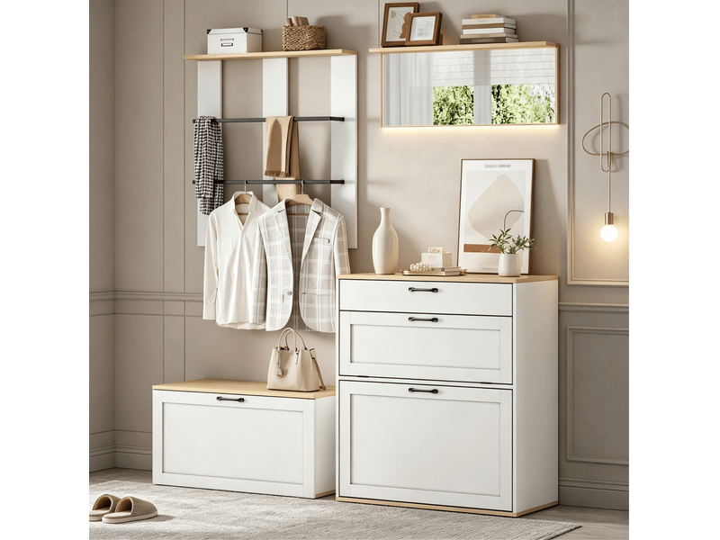  Meubles d'entrée modulables avec meuble à chaussures, banc, miroir, tiroir et 2 tringles en métal 156 × 36 × 176 cm  - Conforama E