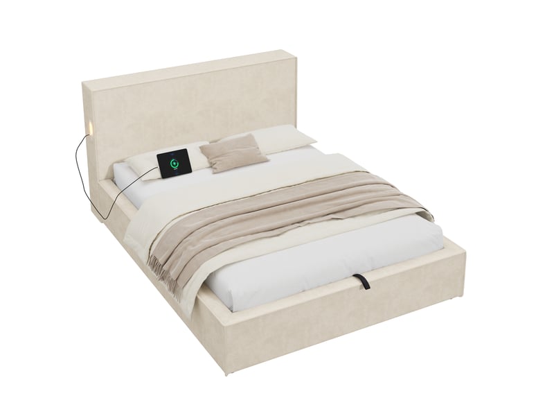 Lit coffre rembourré 120x200 cm en tissu chenille avec rangement hydraulique, sommier inclus, tête de lit capitonnée - beige - Conforama A