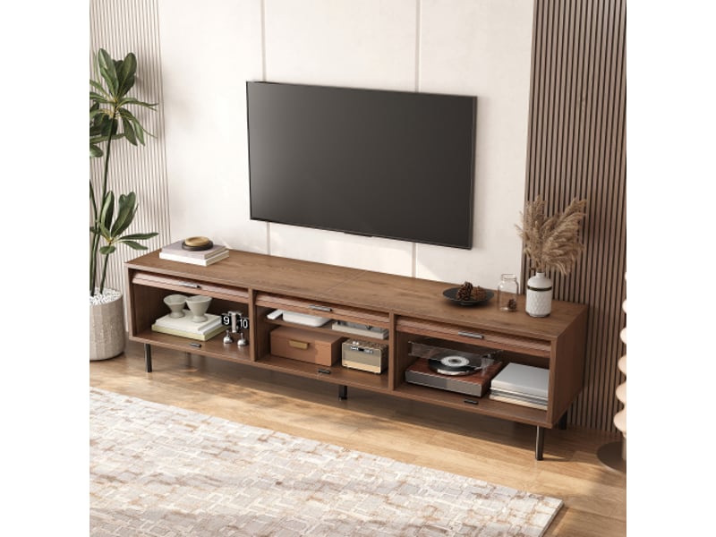  Meuble tv 3 portes coulissantes – embossage vertical – poignées noires – pieds en métal noirs – salon moderne  - Conforama E
