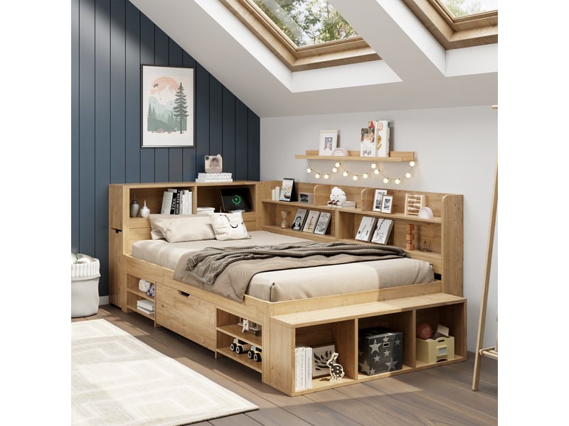 Lit enfant multifonction avec rangements 90x200 cm, chevet intégré, étagères, placards et tiroir, recharge sans fil, finition bois naturel Radiant Stride - Conforama D