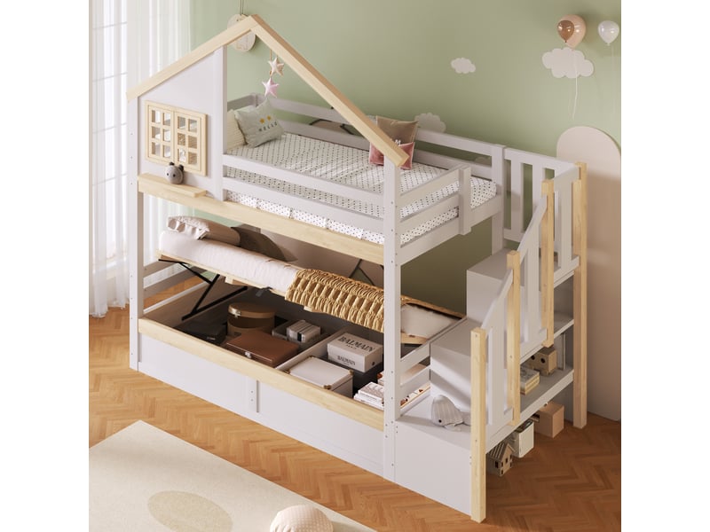  Lit superposé 90x200 cm, lit enfant, rangement hydraulique, bois de pin blanc et naturel, barrière antichute  - Conforama C
