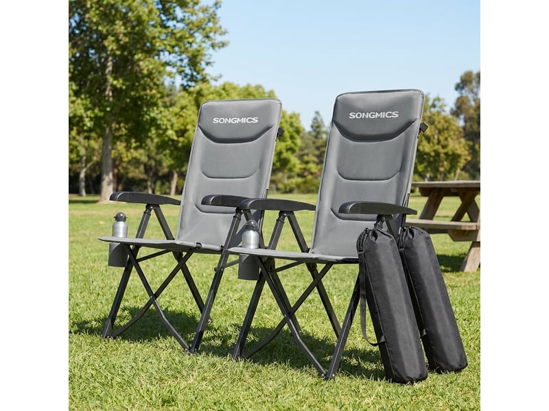 Chaise de camping, lot de 2, dossier réglable 95°-150°, porte-gobelet, sac de transport, pêche, jardin, gris  - Conforama B