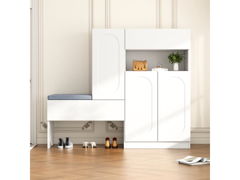  Meuble à chaussures avec 2 portes, 1 niche ouverte et 2 étagères réglables, banc rembourré, blanc 130 × 35 × 110 cm - uvrion  - Conforama D