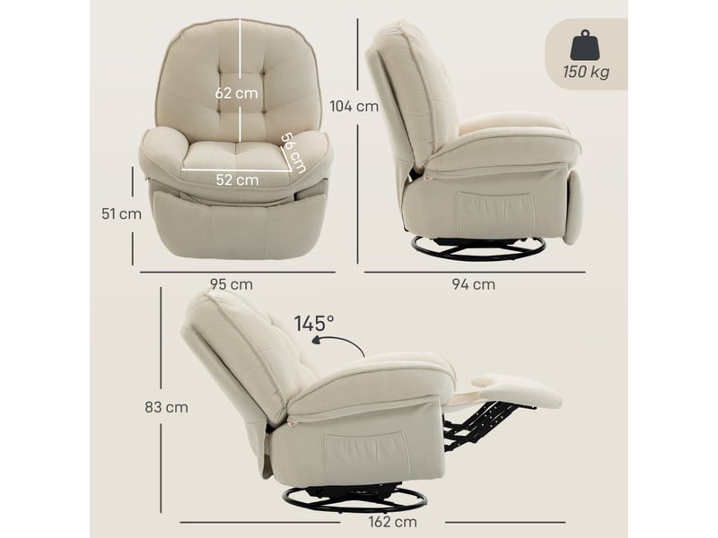  Fauteuil relax inclinable, longueur dépliée 162 cm, pivotant 360° et basculant, revêtement en chenille  - Conforama D