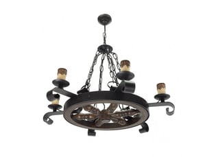 Suspension rustique ABRILA Rueda 6 lumières E27 marron rustique, métal résine et polycarbonate, hauteur réglable 40-70 cm, Ø70 cm