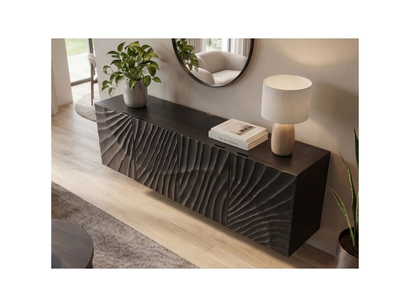 Buffet silva 177 cm en bois massif de manguier noir – 4 portes sculptées et façades en relief - Conforama E