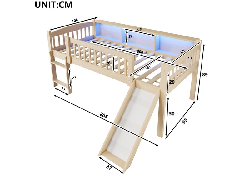 Lit surélevé enfant 90x200 cm avec toboggan, rangements et led coloris naturel  - Conforama C