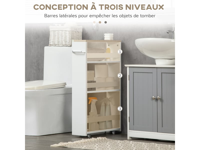  Chariot de rangement à 3 niveaux chariot de stockage étagère sur roulettes pour cuisine étroite salle de bain buanderie bureau avec poignée - blanc 48 x 15 x 80 cm  - Conforama D