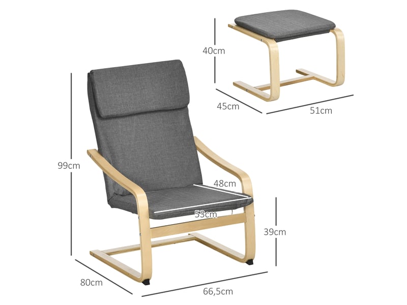  Fauteuil avec repose-pieds, ensemble fauteuil, aspect lin, bois massif, gris et naturel  - Conforama E