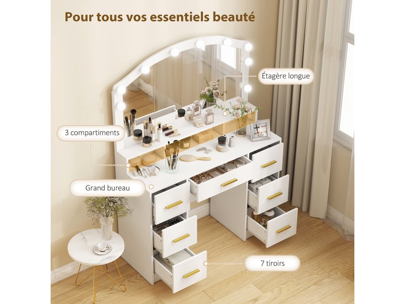  Coiffeuse avec miroir led 7 tiroirs et 3 compartiments blanc 110 x 40 x 150 cm  - Conforama E