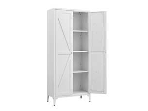 Armoire de rangement métallique blanche - grand meuble de cuisine et salon avec étagères réglables et poignées dorées