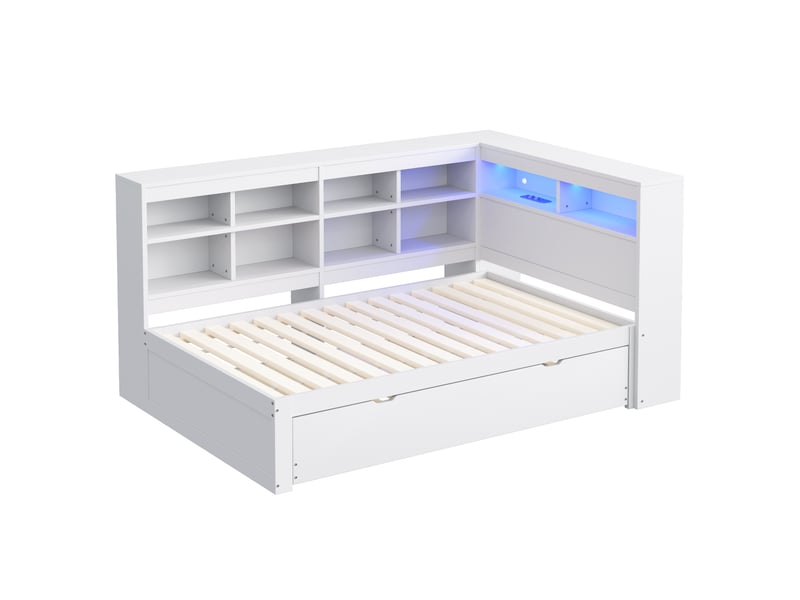  Lit gigogne 90x200+90x190cm, lit de repos avec led, espace de rangement, tête de lit et sommiers, pin+mdf, blanc, sans matelas  - Conforama R