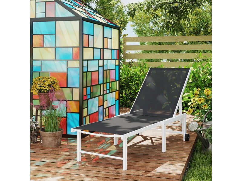  Transat de jardin inclinable à roulettes, dossier réglable 5 positions et structure en acier, 166 x 60 x 84 cm, gris  - Conforama C